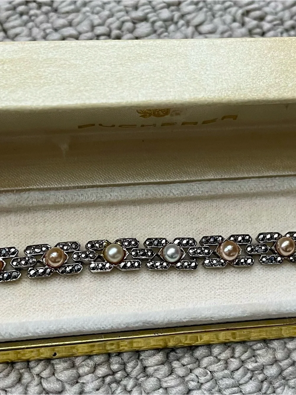 VINTAGE Art Deco sterling silver, marcasite AND pearls BUCHERER Bracelet in box